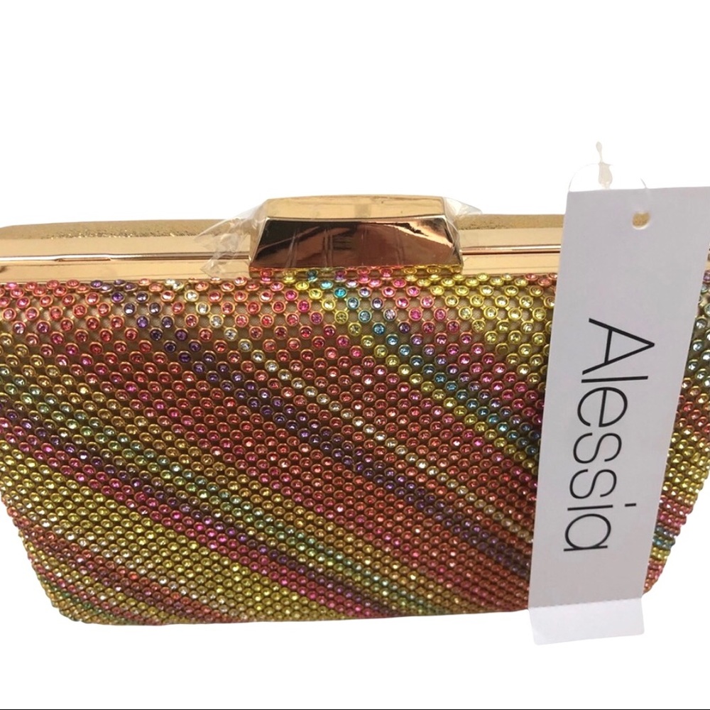 Alessia Gold & Colorful Rhinestone Clutch With Gold Chain. NEW - Picture 3 of 6